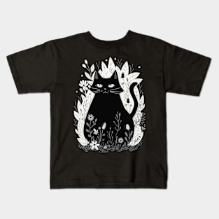 Black Cat and Wildflowers Kids T-Shirt